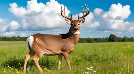 Majestic whitetail buck in a grassy meadow – realistic textures, sunlight filtering over its body, and serene open landscape for wildlife illustration