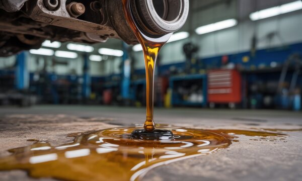Oil drips from machinery onto a concrete floor in a garage setting
