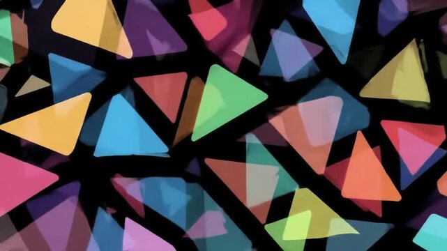 Abstract geometric pattern featuring a vibrant array of colorful overlapping triangles on a dark background, perfect for design and background use