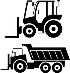 Vector illustration of tractor loader and truck for construction and transportation