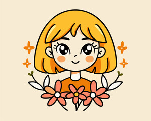 Cute Blonde Girl Avatar with Flowers - Whimsical Vector Illustration for Design Projects