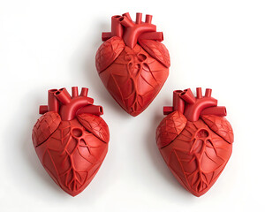 Three red anatomical heart models arranged on a white surface in a triangular formation close together