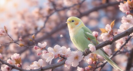 Fototapeta premium Pastel bird perched on a blossoming branch in soft sunlight
