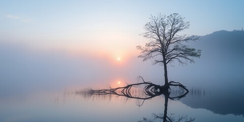 Solitary tree with exposed roots emerges from tranquil water with rising sun through fog