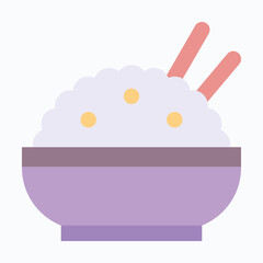 Steamed Rice Bowl with Chopsticks Isolated Vector Flat Style Icon.