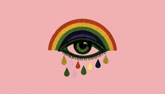 Rainbow eye with colorful tears on pink background