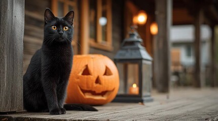 A black cat sitting next to a jack o lantern and a lantern on a wooden porch at halloween time - Powered by Adobe