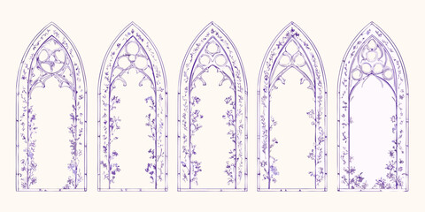 Five gothic architectural window frames with delicate floral vine decorations in purple watercolor