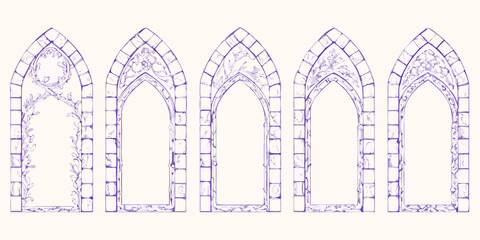 Collection of five ornate gothic arched stone frames with floral vine embellishments in purple watercolor style