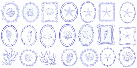 Collection of hand drawn blue watercolor seashells starfish and coral frames and elements