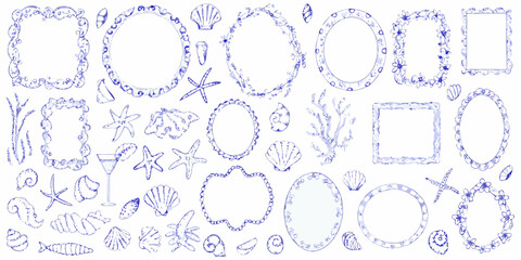 Collection of hand drawn blue watercolor frames and nautical elements on white background