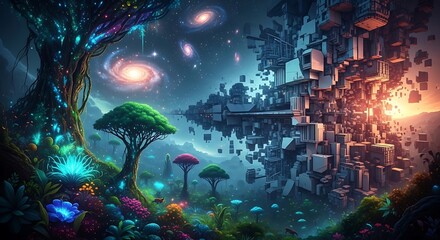 Fototapeta premium Juxtaposition of a vibrant alien forest and a futuristic geometric cityscape under a starry galaxy sky