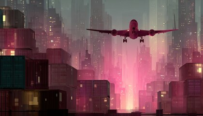Pink cityscape at night with airplane