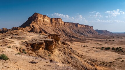 Fototapeta premium Arid plateau landscape, clear sky, layered mesas and sparse vegetation in dry, rocky terrain