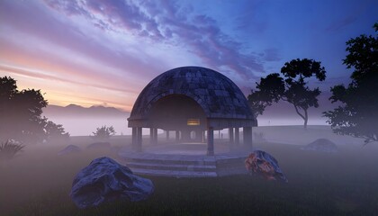 Misty dawn, stone pavilion