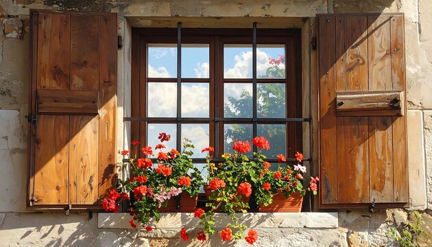 Rustic Wooden Shutters Frame Vibrant Red Flowers in Sunlit Window.