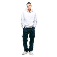 Fototapeta premium Young man in casual outfit standing confidently against white background, featuring white hoodie and dark pants