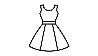 An outline of a sleeveless dress with a fitted bodice and a flared skirt, rendered in a simple, clean style on white