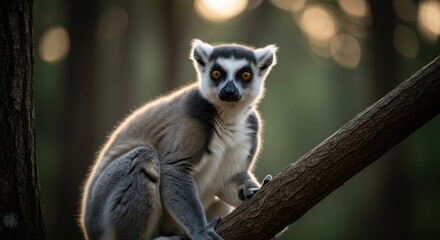 Ring-tailed lemur perched on a tree branch, looking forward in soft, warm light