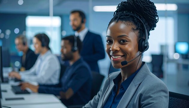 Smiling woman in a call center