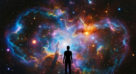 Fototapeta premium Silhouette of a person standing before a massive, colorful cosmic nebula figure woman