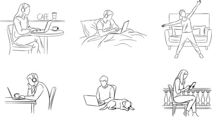 Remote Work From Home Line Art Illustrations – Minimal Faceless People Working with Laptop and Gadgets