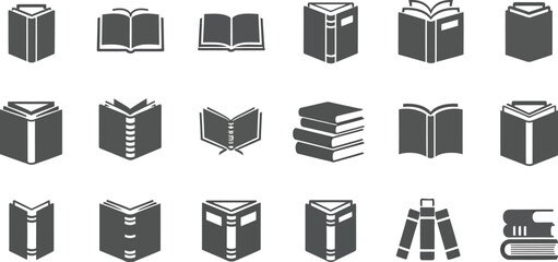 Collection of modern book icons representing knowledge, learning, and education in various styles
