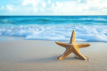 A lone starfish rests on a pristine beach, a symbol of summer tranquility under a vibrant blue sky and gentle waves.