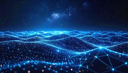 Abstract Blue Data Wave Landscape with Glowing Lights and Starry Sky Digital Network Background Futuristic Technology Concept