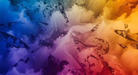 Abstract digital art with swirling clouds and mechanical gears in vibrant gradient colors smoke
