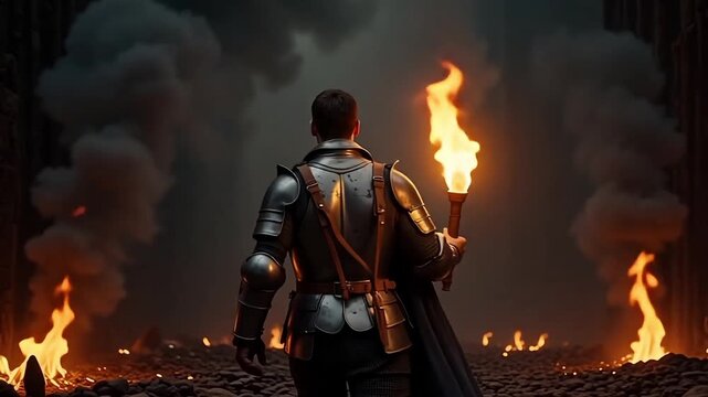 Brave knight holding flaming torch, surveying fiery battlefield with smoke rising, symbolizing courage and resilience in epic quest.