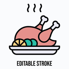 Roasted Chicken on Plate Isolated Vector Lineal Color Style Icon, Editable Stroke.