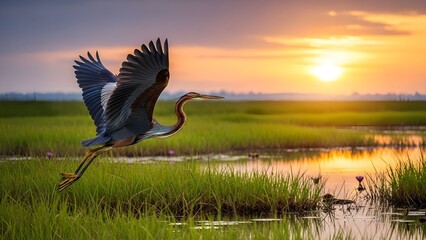 Purple Heron Taking Flight Over Wetlands
A majestic purple heron spreading wings above lush wetland grasses in Kuala Selangor, dramatic golden hour sky