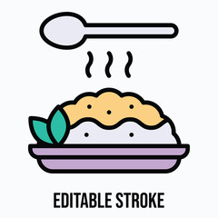 Fried Rice Dish with Spoon Isolated Vector Lineal Color Style Icon, Editable Stroke.