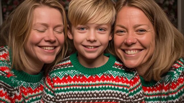 Close up of two women and a boy smiling wearing matching christmas sweaters in a festive setting