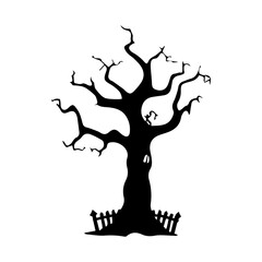 Black Silhouette of a Spooky Halloween Tree with a Fence
