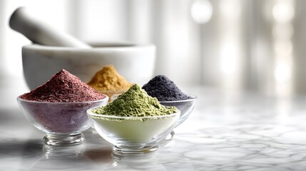 Colored natural powders in bowls with berry, turmeric, matcha, and indigo.