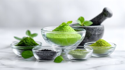Vibrant green powders, including matcha, in bowls with a dark mortar.