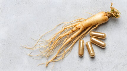 Fototapeta premium Fresh ginseng root next to four metallic gold supplement capsules