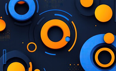 Abstract geometric shapes, blue and orange circles on dark background