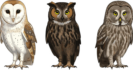 Owl illustration, barn owl, great horned owl, barred owl, wildlife art, bird drawing, nature design, detailed feathers, nocturnal species