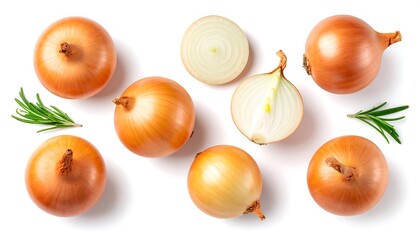 Overhead shot featuring assorted yellow onions with rosemary sprigs against a stark white backdrop. Some onions are halved to reveal the internal layers