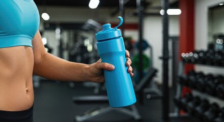 Woman holding a blue water bottle in a gym