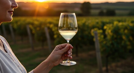 Woman Holding Wine Glass at Vineyard Sunset, Golden Hour Glow