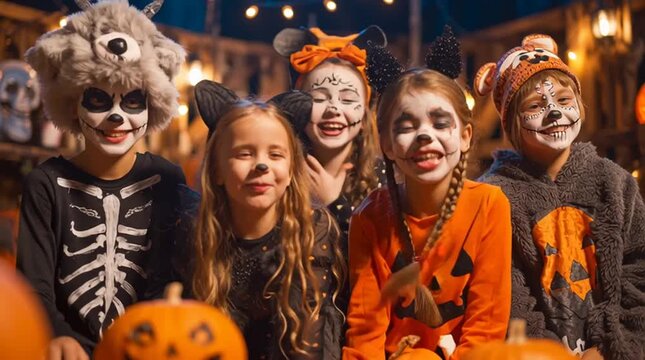 Group of children in halloween costumes with face paint and pumpkins posing for a photo outside at night
