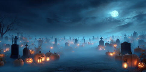 Obraz premium Spooky graveyard filled with tombstones, fog, and glowing pumpkins under full moon creates eerie atmosphere. scene evokes feelings of mystery and Halloween spirit
