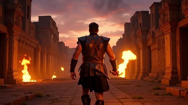 Fierce gladiator with flaming sword surveys burning ancient city at dramatic sunset, ready for epic battle.