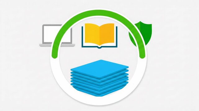 ESG Reporting Blocks: Pie Slices Grow, Bar Groups Tag with Leaf, Checklist Confirms then Export Arrow Slides Out