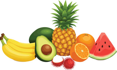 Tropical fruits illustration, banana, avocado, pineapple, orange, watermelon, rambutan, colorful fruit composition, exotic food art, healthy lifestyle, nutrition