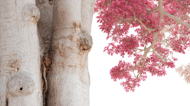 Close up of tree bark texture next to vibrant pink foliage isolated on transparent background